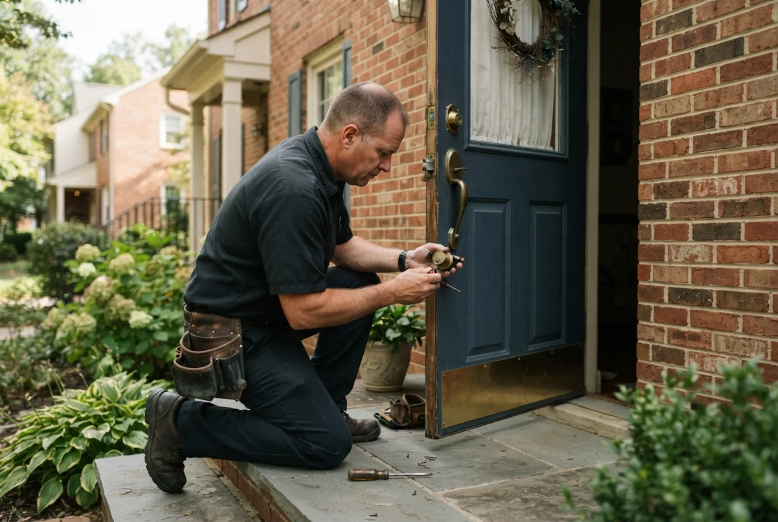Rekey or replace your locks: a locksmith working on a front door deadbolt