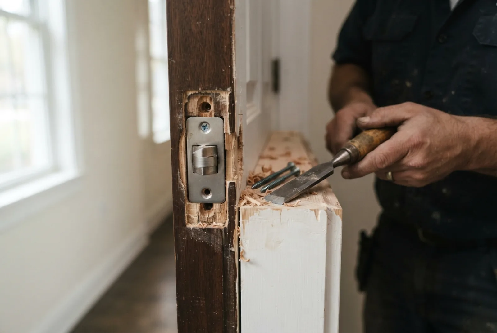 Smart lock installation in Rockville: checking strike plate alignment on a door frame