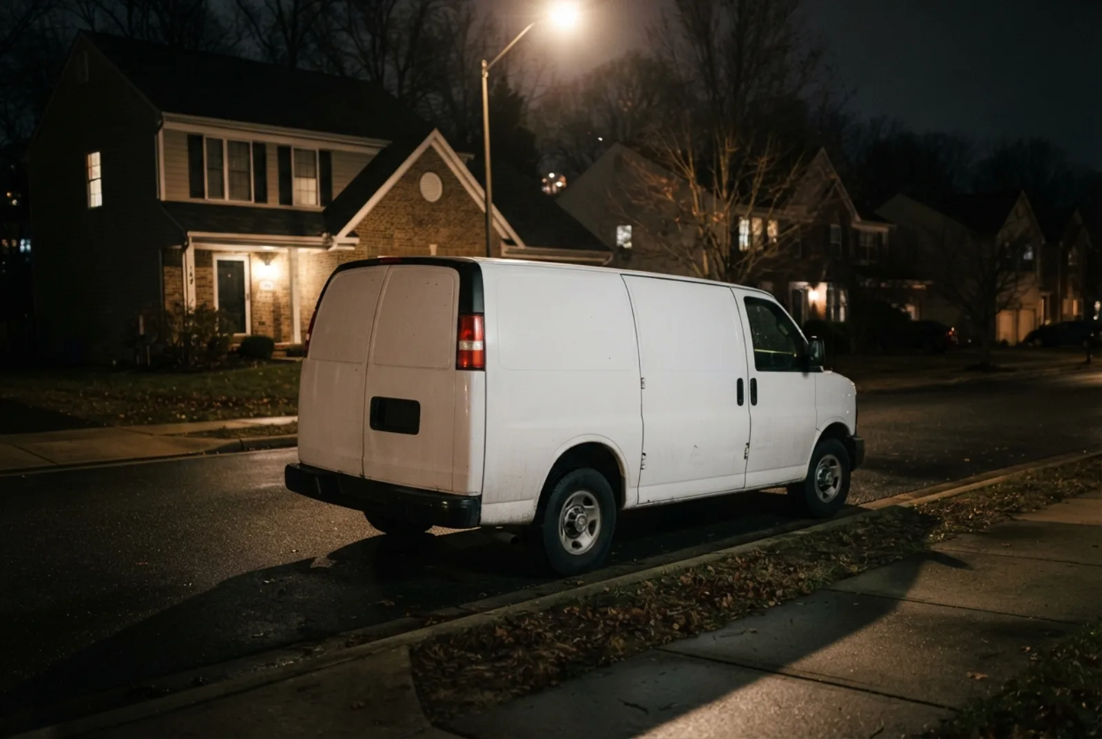 Locksmith scams in Maryland: a plain unmarked van parked outside a house at night