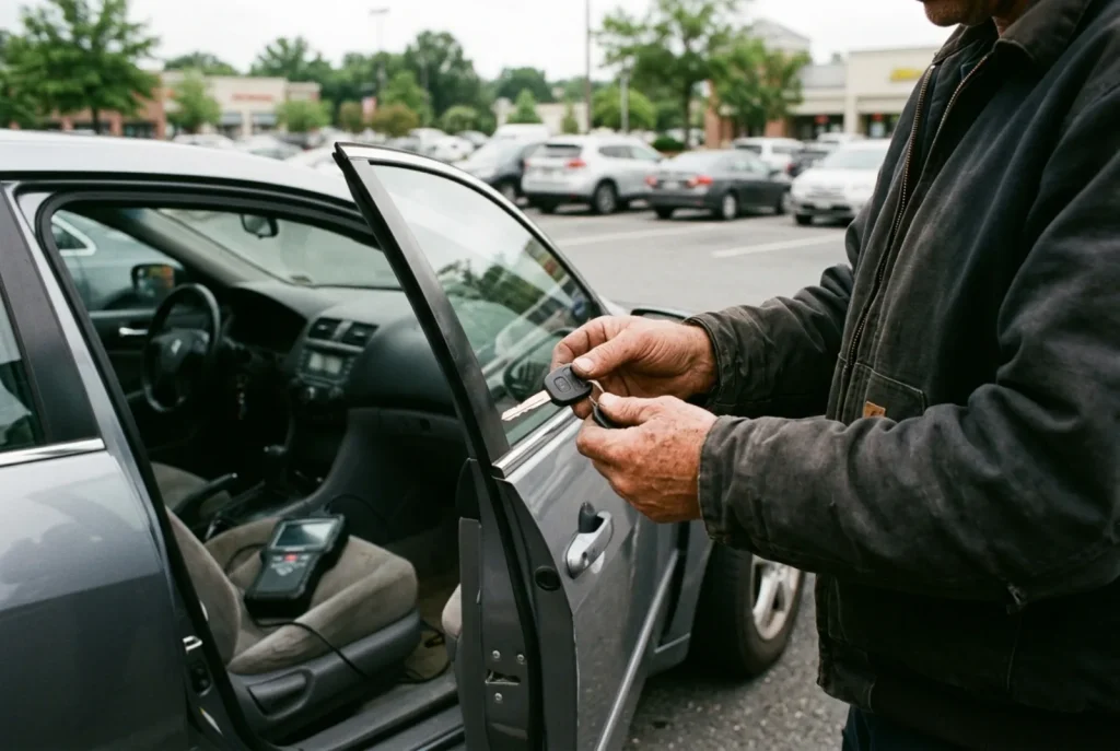 Cutting a replacement car key beside a vehicle