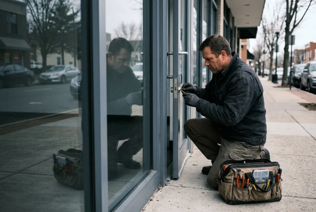 Locksmith servicing a commercial glass door lock