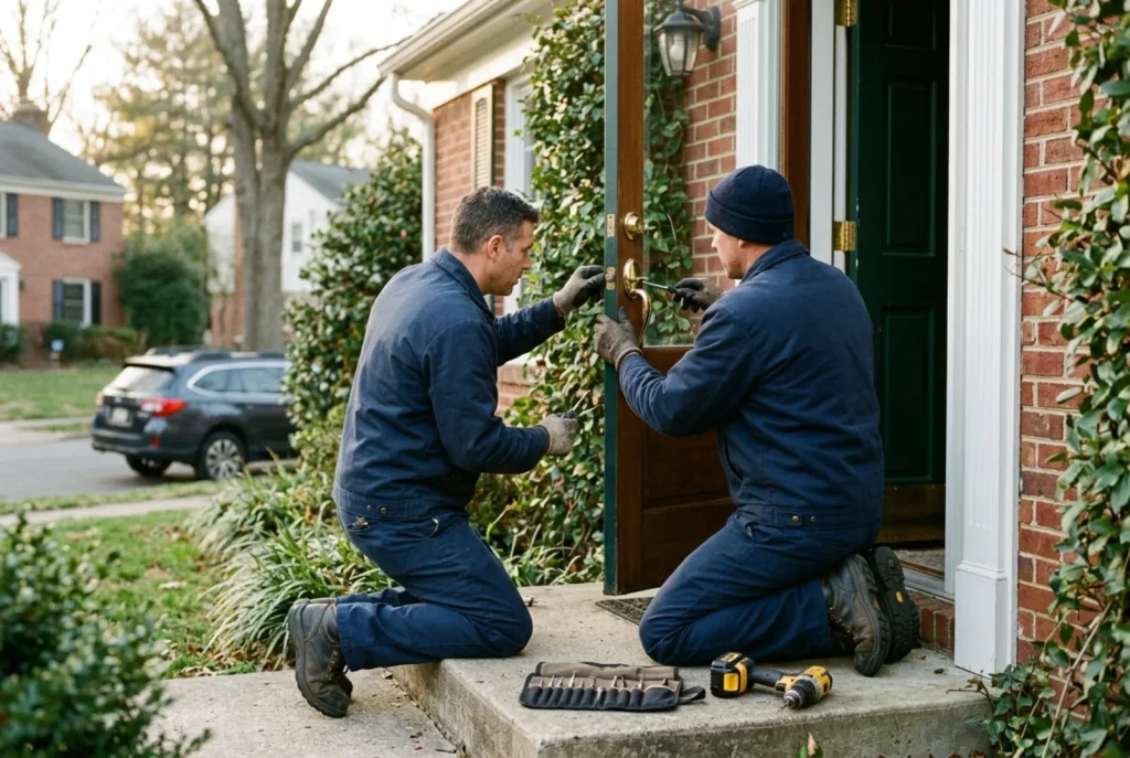 A1 Super Locksmith fitting a deadbolt on a front door in Rockville, MD