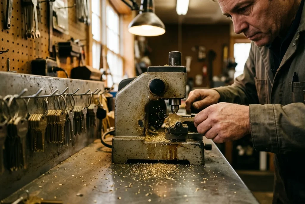 Key cutting machine cutting a brass blank