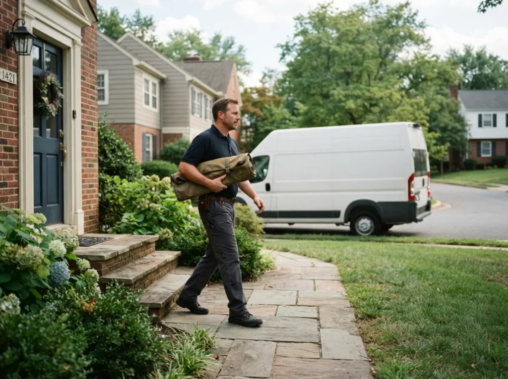 A locksmith arriving at a Rockville front door with the van at the kerb