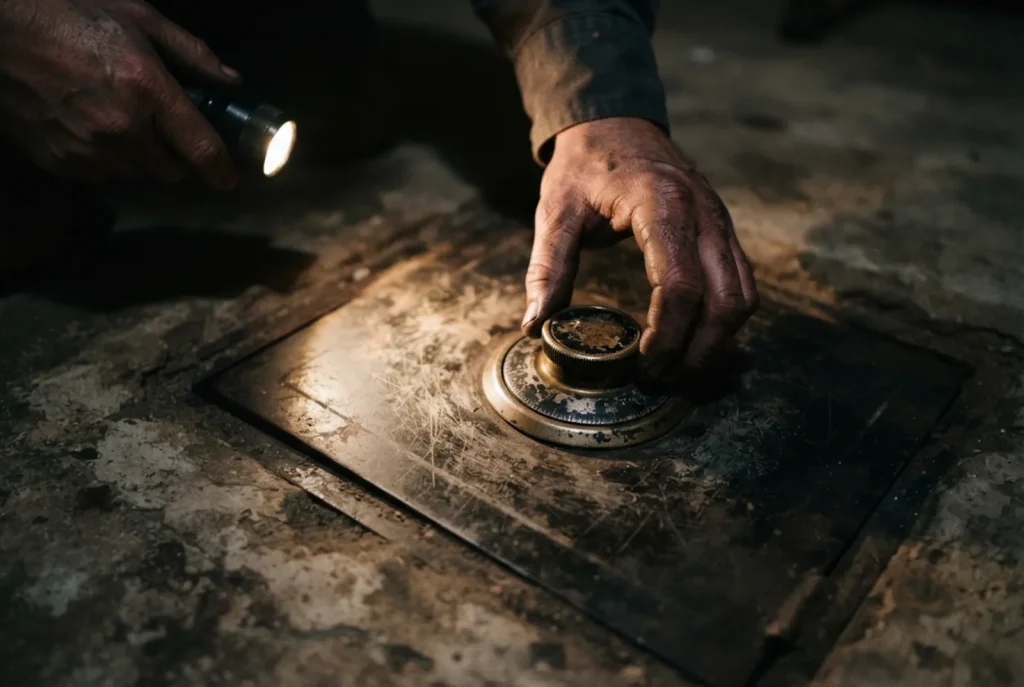 Hands on the dial of an old floor safe