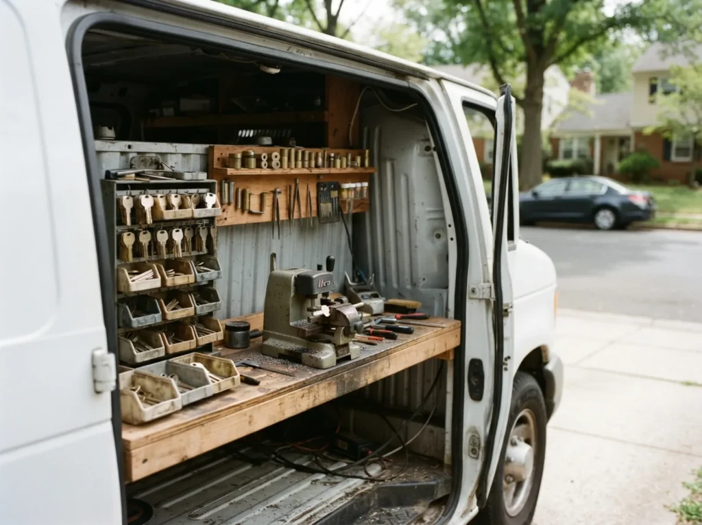 The mobile key-cutting bench inside the A1 Super Locksmith van