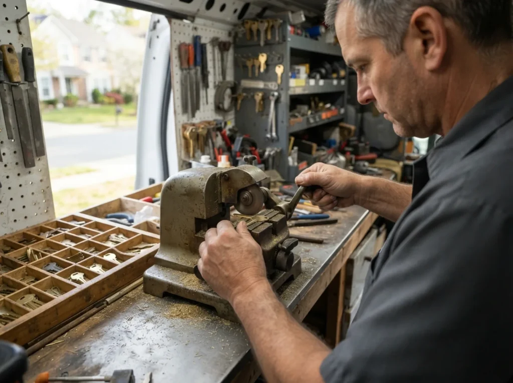 Locksmith cutting a key at the van bench