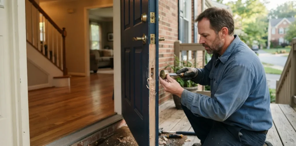 Locksmith fitting a new deadbolt to a residential front door