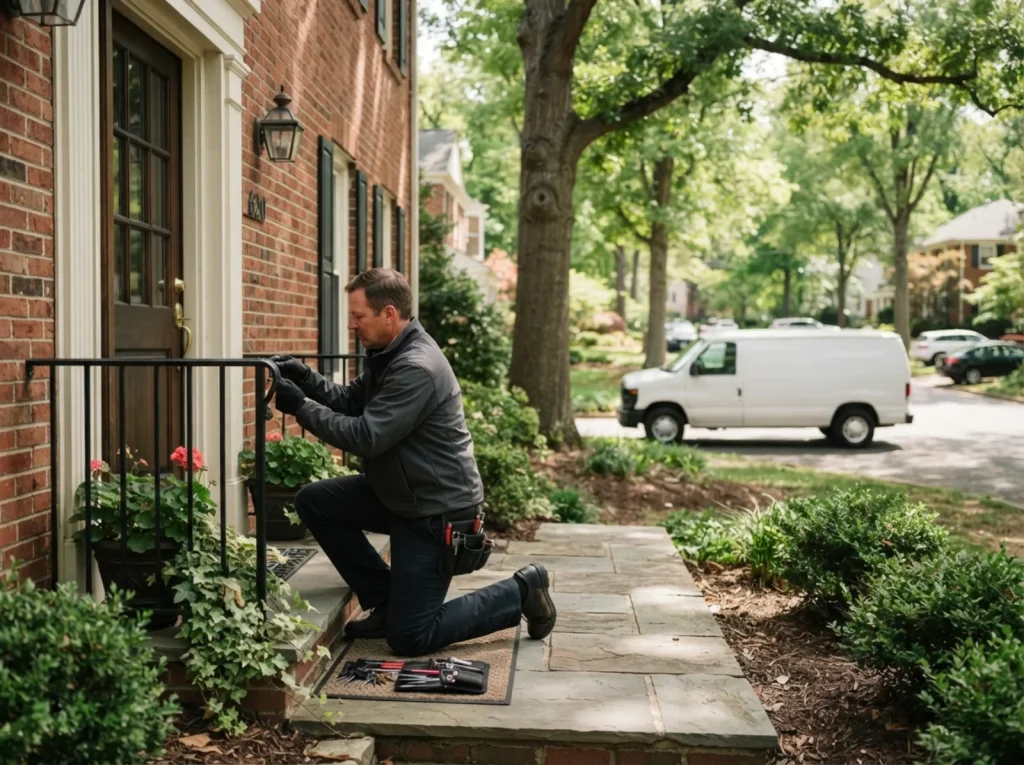 Locksmith working at a Rockville front door, van at the kerb