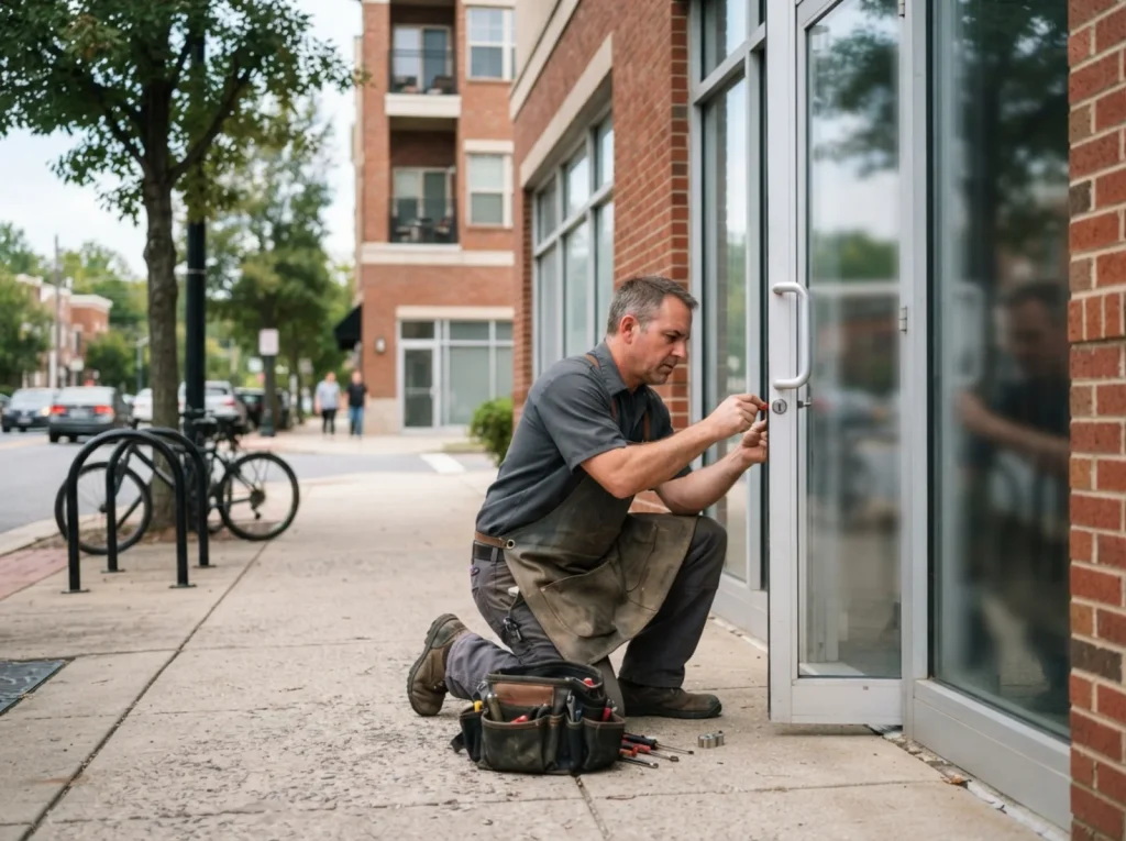 Locksmith at a mixed-use building entrance