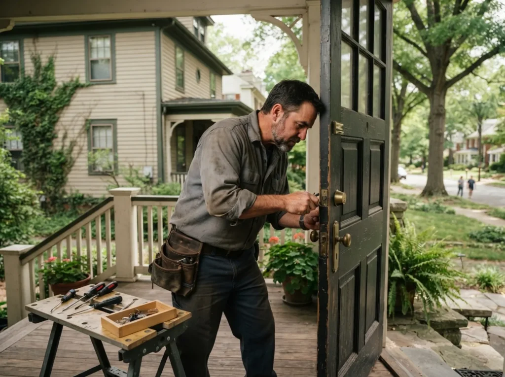 Locksmith at a wooden porch front door