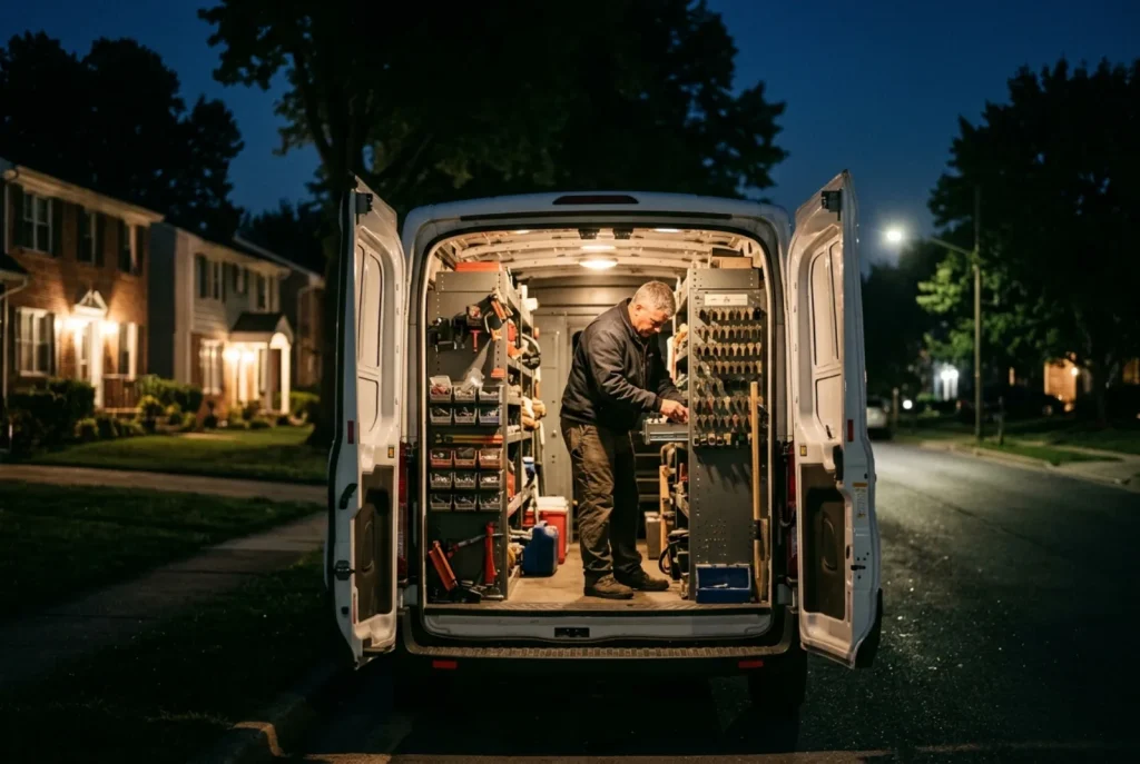 Service van working a call on a residential street at night