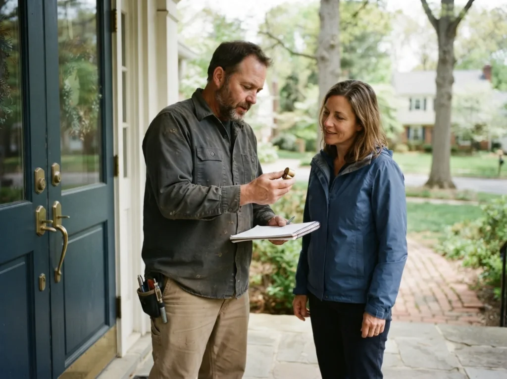 Locksmith talking a customer through the work at a front door